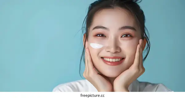 Smiling Asian Woman Applying Moisturizer on Her Face