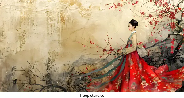 A beautiful painting of a woman in a red dress standing in a field of flowers.