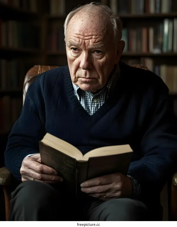 Senior Man Reading Book in Library