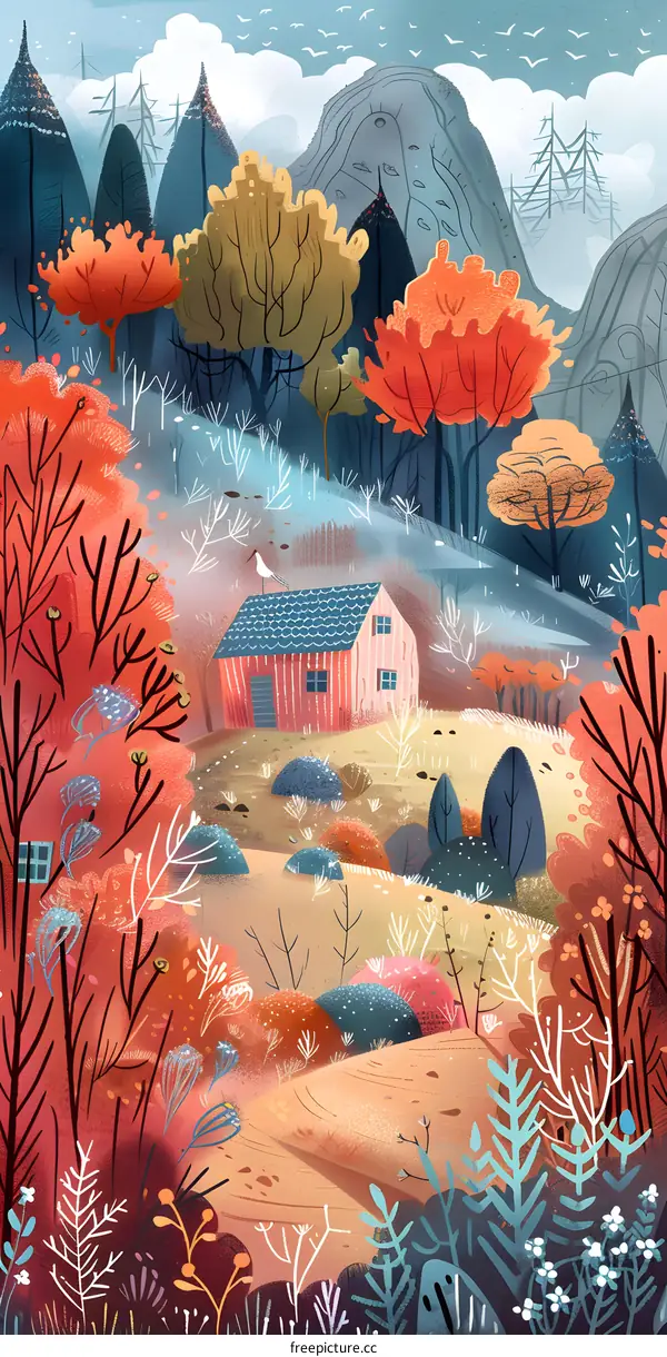 Illustration of a Small Cottage in a Mountainous Landscape