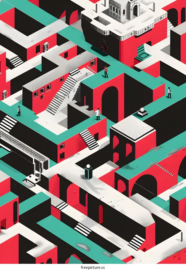 Abstract Cityscape Maze Illustration With People