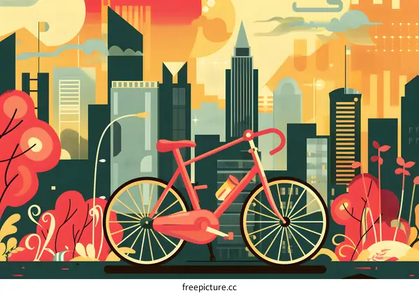 Urban Cityscape With Red Bicycle