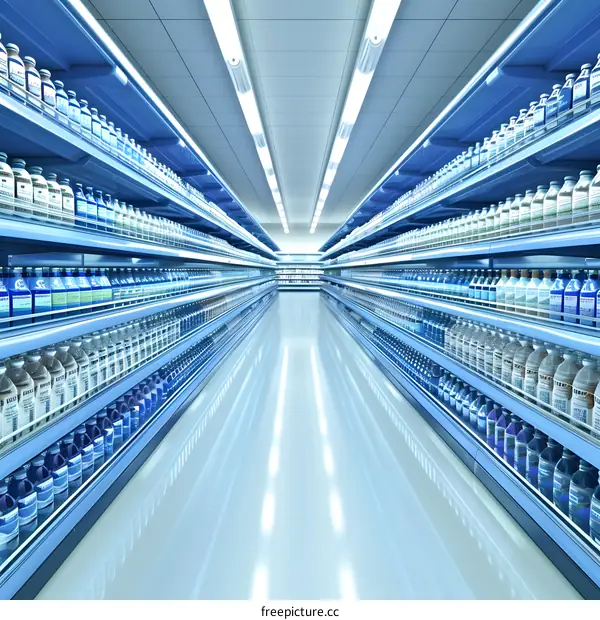Empty Supermarket Aisle with Shelves of Water Bottles