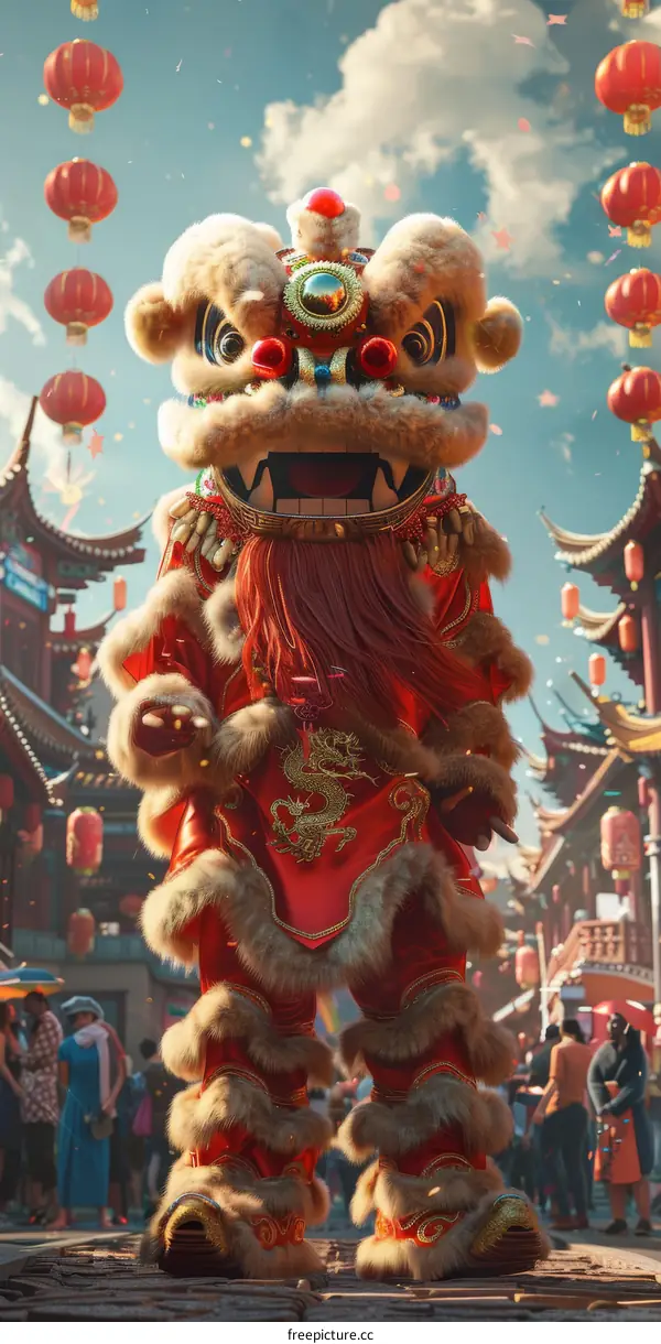 A Chinese New Year celebration with a lion dance in a bustling Chinatown