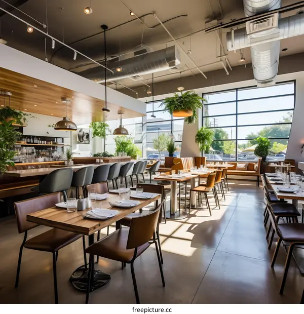Modern Restaurant Interior with Large Windows and Wooden Tables