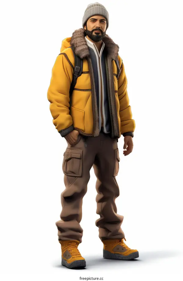 Illustration of a man wearing a yellow jacket and brown pants