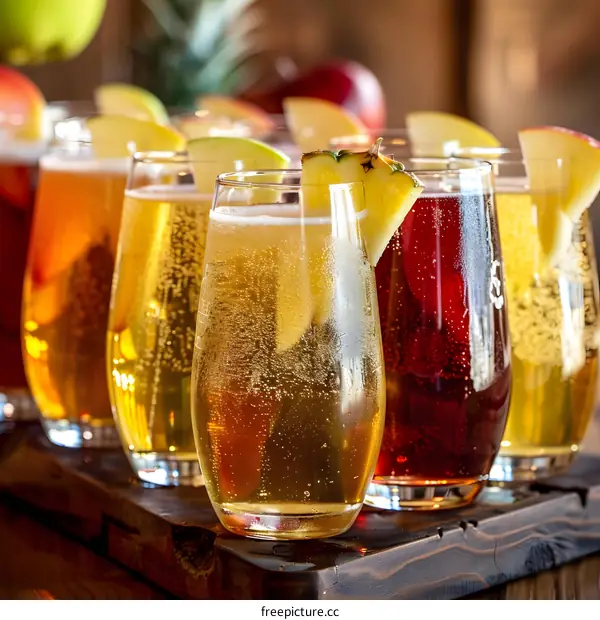 Closeup of Sparkling Cider in Glasses with Apple and Pineapple Slices