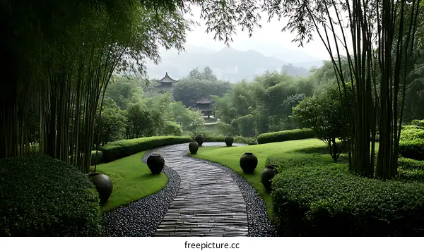 Serene Asian Garden Pathway with Bamboo