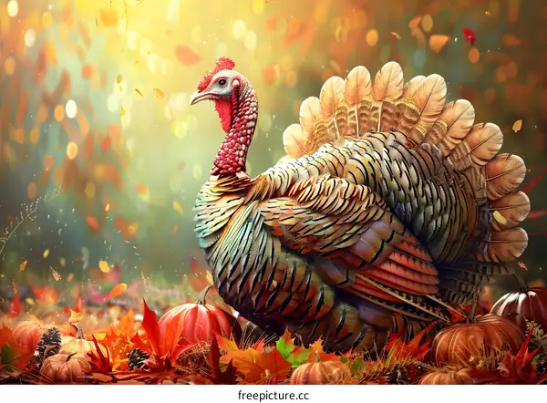 A Thanksgiving turkey surrounded by pumpkins and fall leaves.