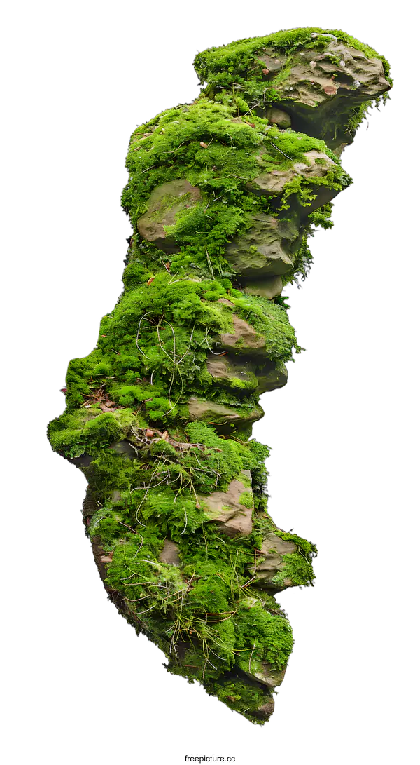 [Transparent Background PNG]Green Moss Covered Rock Formation Isolated on White Background