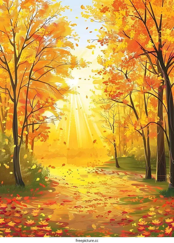 Golden Autumn Leaves Forest Sunlight Path