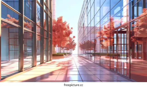 Urban Cityscape with Glass Buildings and Red Trees