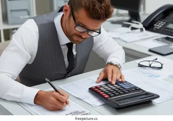 Businessman Calculating in Office Environment