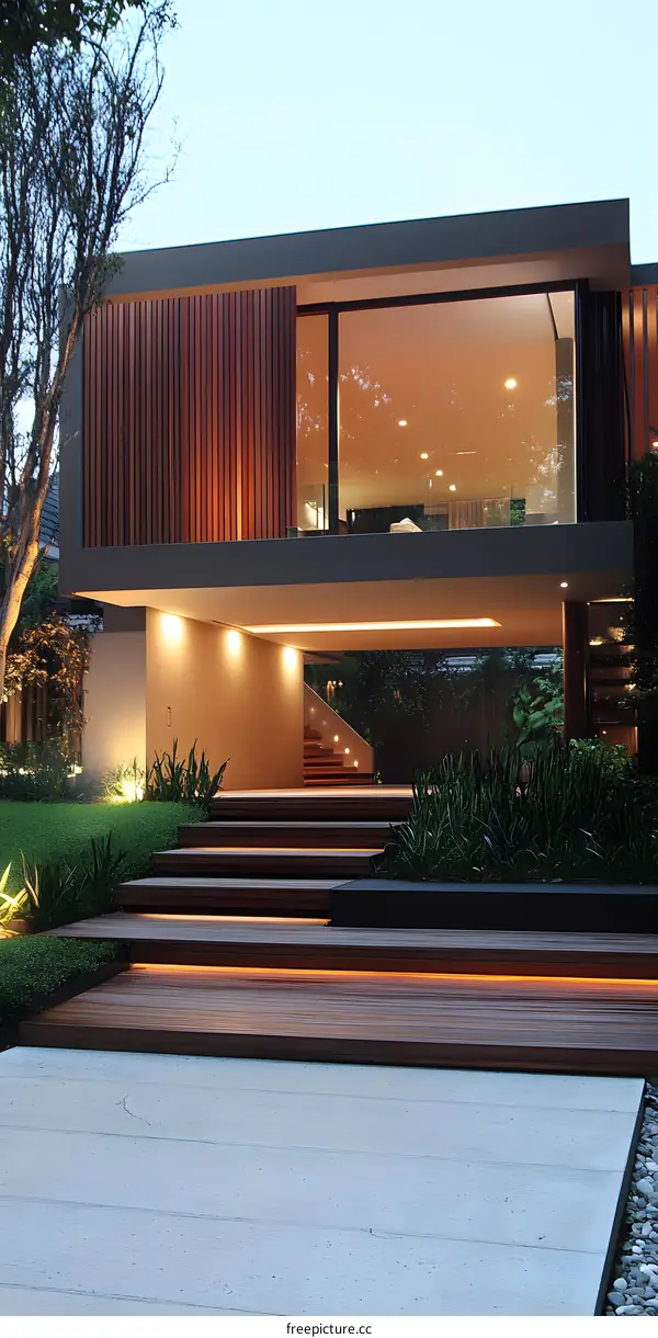 Modern House Exterior with Wooden Deck and Steps