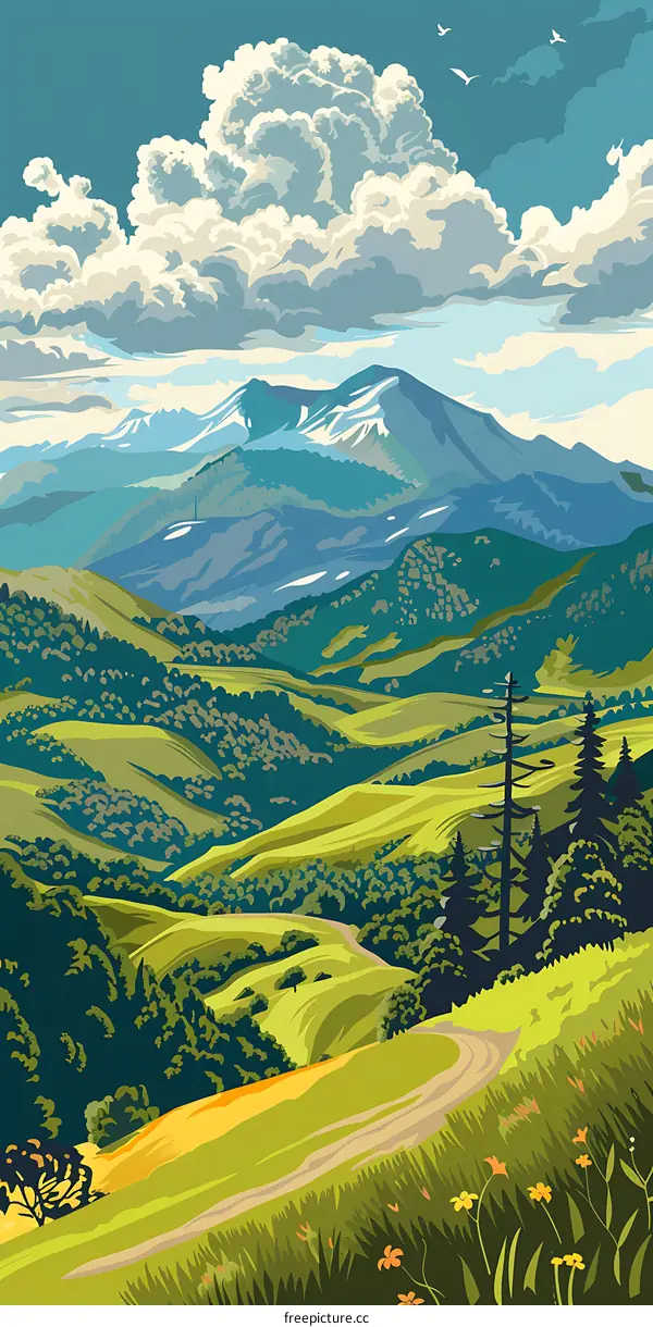 Green Mountain Valley Landscape Illustration