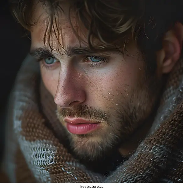 Portrait of a young man with blue eyes and a beard