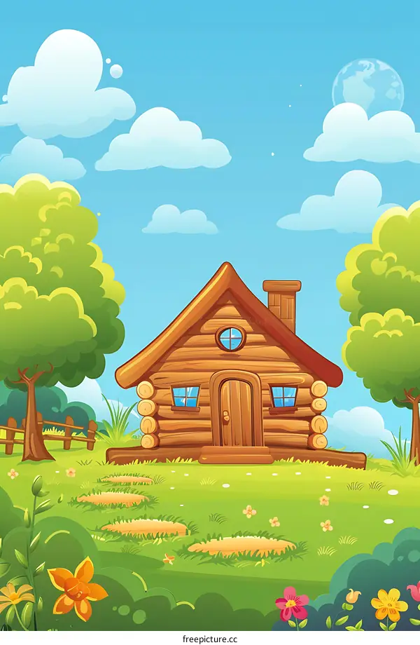 Cartoon Illustration of a Wooden Cabin in the Woods