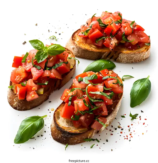 Bruschetta with tomatoes and basil on toasted slices of bread