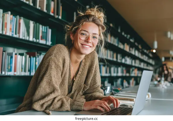 Young Woman Studying in a Library