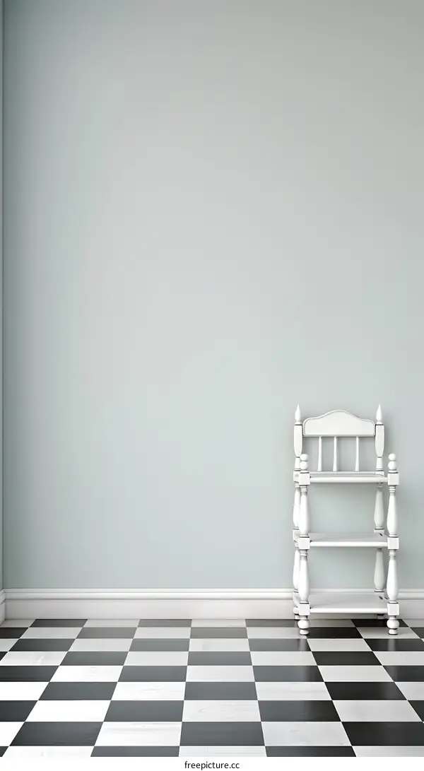 White Shelf in Room with Checkerboard Floor