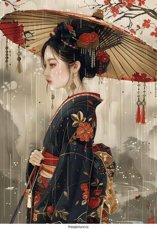 Japanese Woman in Kimono Holding Umbrella in Rain