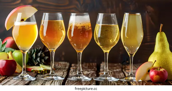 Apple Cider and Pear Cider in Glasses on a Wooden Table