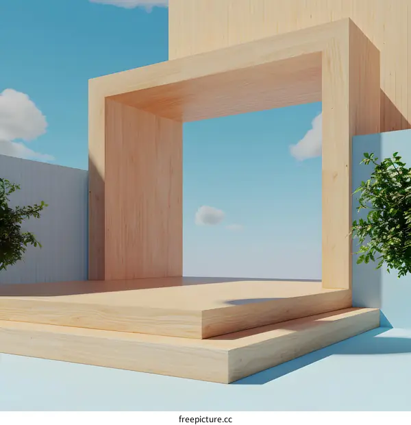 Minimalist Wooden Structure with Sky Background
