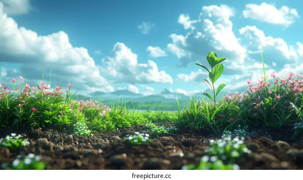 Tranquil Landscape with a Single Plant Emerging from the Soil