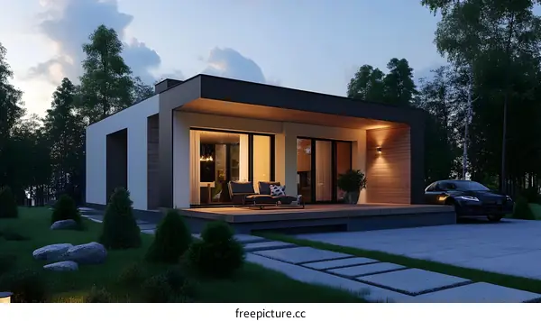 Modern House with a Wooden Facade and a Patio