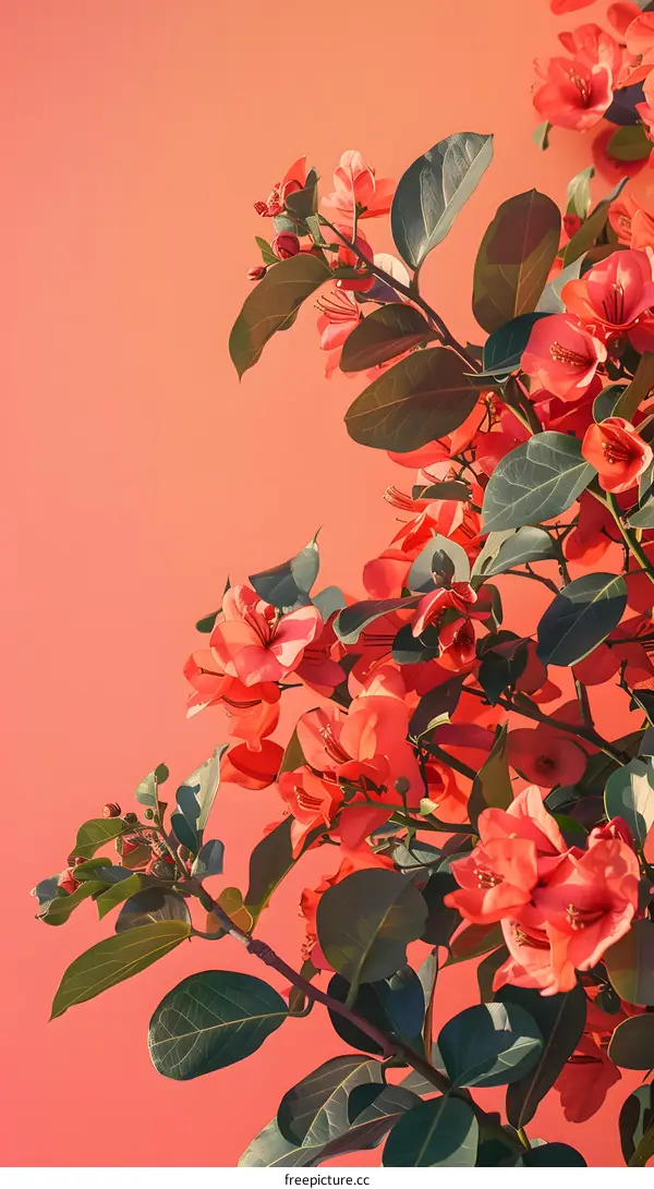 Pink Flowers Branch Green Leaves Orange Background