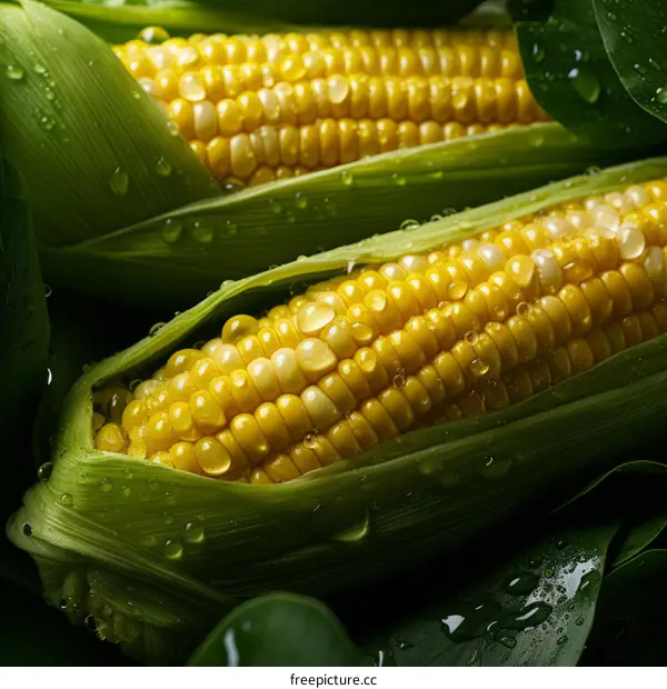 Fresh Corn on the Cob with Water Drops