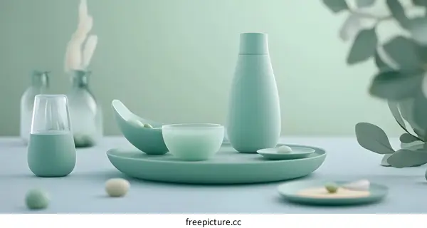 Minimalist Green Ceramic Bottles and Bowls on a Table