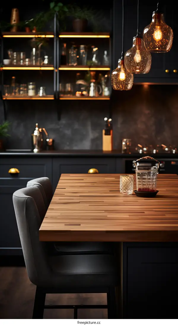 Dark and moody kitchen with wood table and gray cabinets