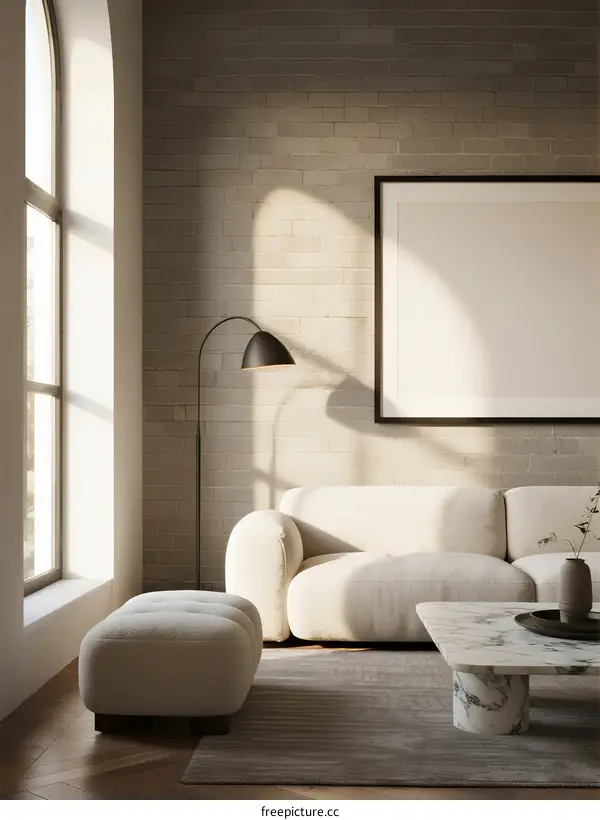 Minimalist living room with beige sofa and arched window