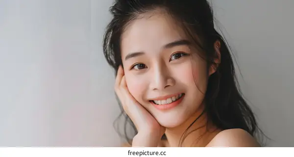 Portrait of a Smiling Asian Woman with Natural Makeup