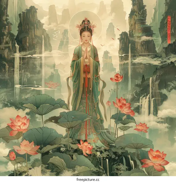 Chinese Goddess on Lotus Flower in Misty Mountain Landscape