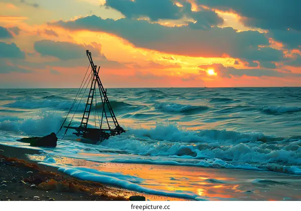 Sunrise Over the Ocean with a Wrecked Boat on the Beach