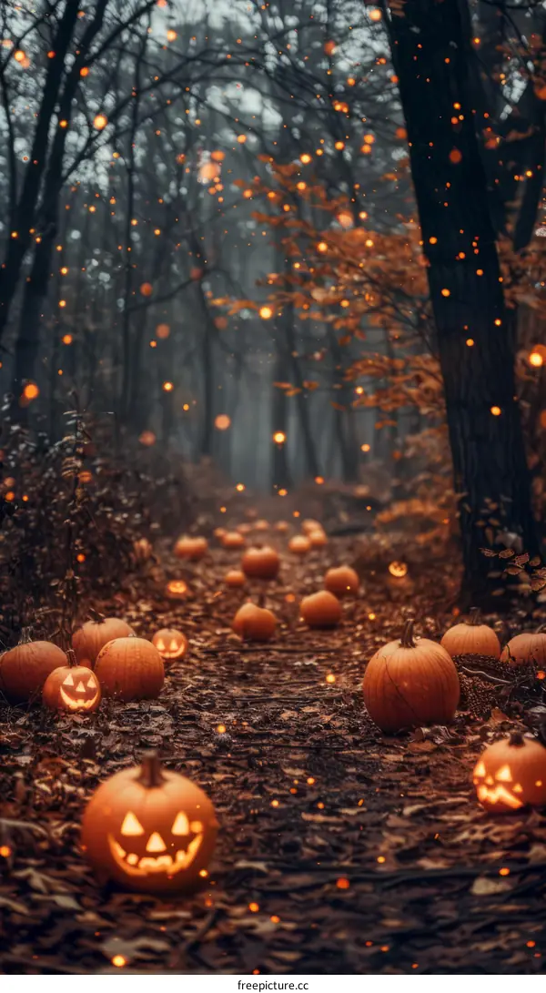 Spooky Halloween Pumpkin Path in Dark Forest