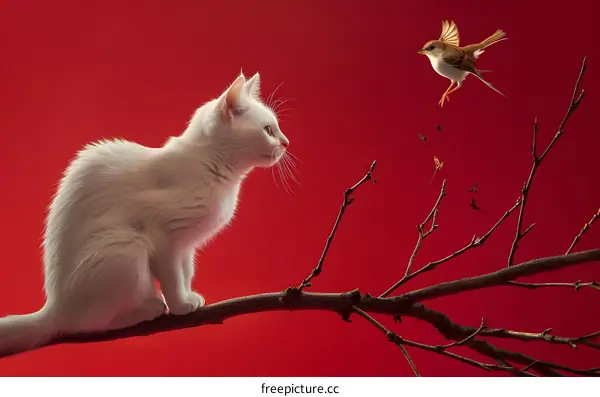 White Cat on a Branch Looking at a Bird in Flight