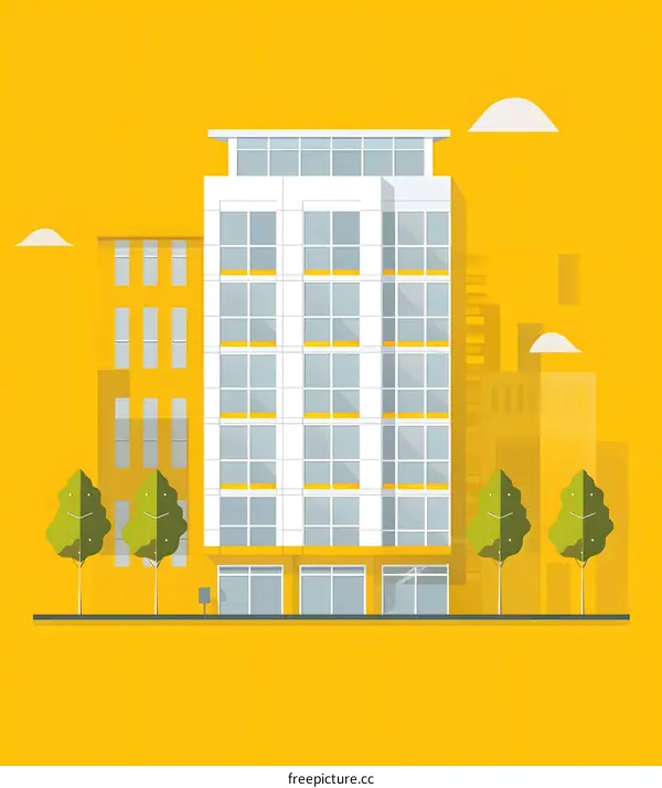 Flat Style Building Illustration On Yellow Background