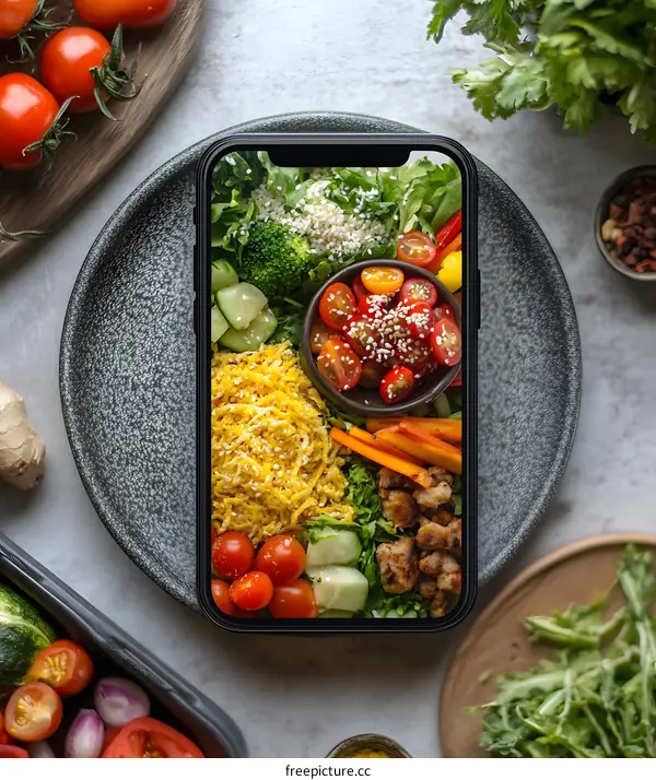 Phone Screen Showing A Delicious Salad With Vegetables and Toppings