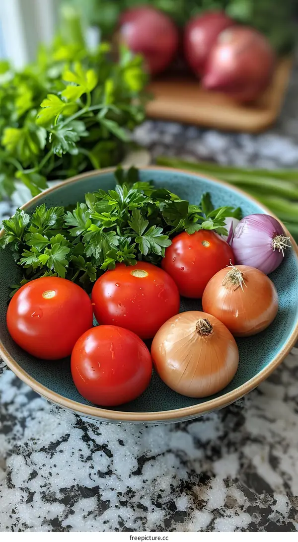A bowl of tomatoes, onions, and parsley