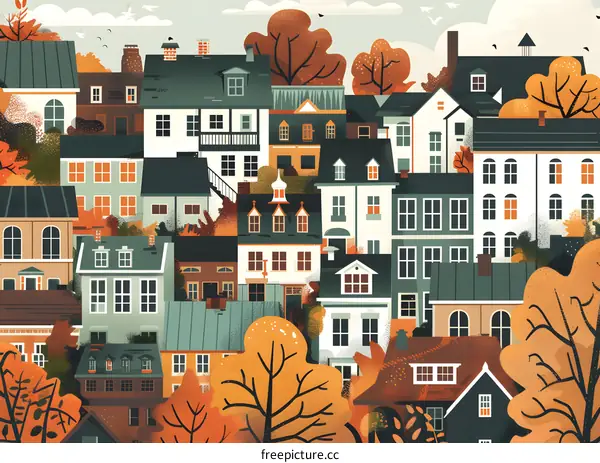 Autumn Town Illustration with Colorful Houses and Trees