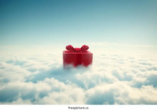 A red gift box with a red ribbon on top of the clouds