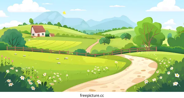 Countryside Landscape With Rolling Green Hills And Winding Road