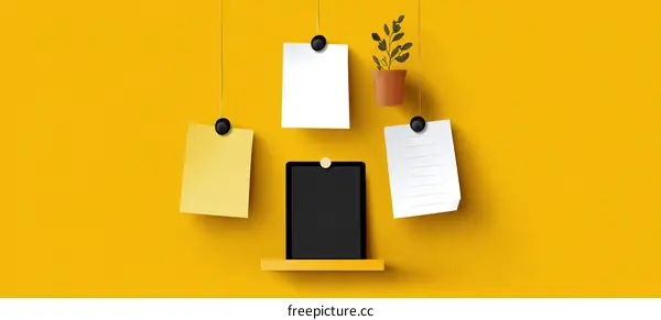 Colorful Notes and a Tablet on a Yellow Wall