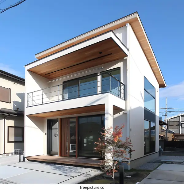 Modern Two Story House with Balcony and Wooden Deck