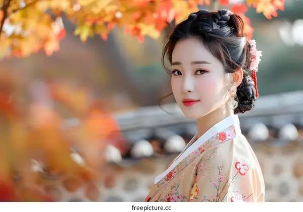 Portrait of a beautiful young Korean woman in traditional Korean dress, the hanbok