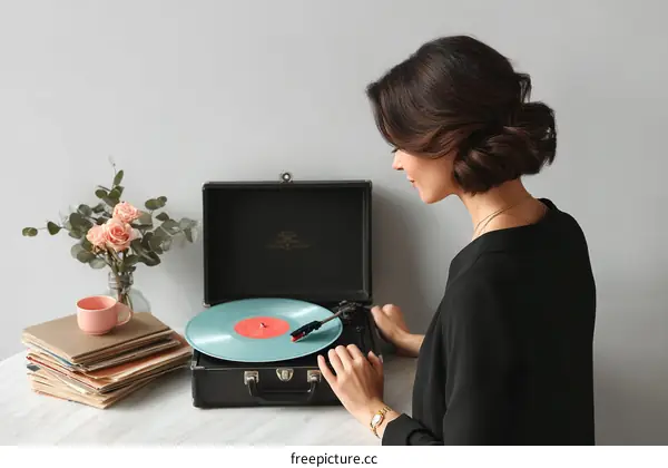 Woman Listening to Vinyl Record with Vintage Record Player