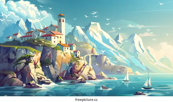 Mountain Village Landscape with Sailboats